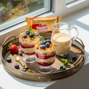 Biscoff and Custard with layers of jelly