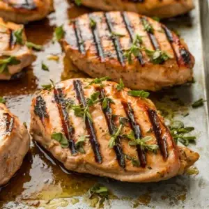 grilled chicken breasts garnished with fresh herbs